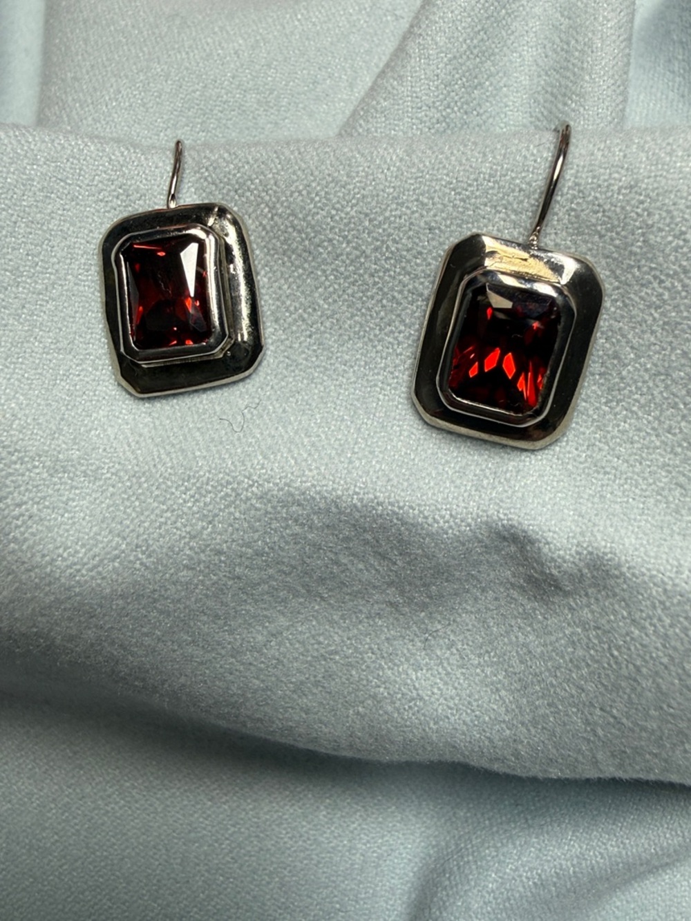 Sterling Silver Drop Earrings with Deep Red Gemstones